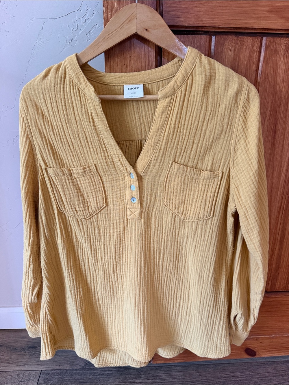 Mote Mustard Yellow Gauze Long Sleeve Top - 100% Cotton - Size L